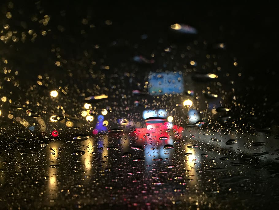 Raindrops, Night, Neon Light, wet, weather, rainy season, illuminated HD wallpaper