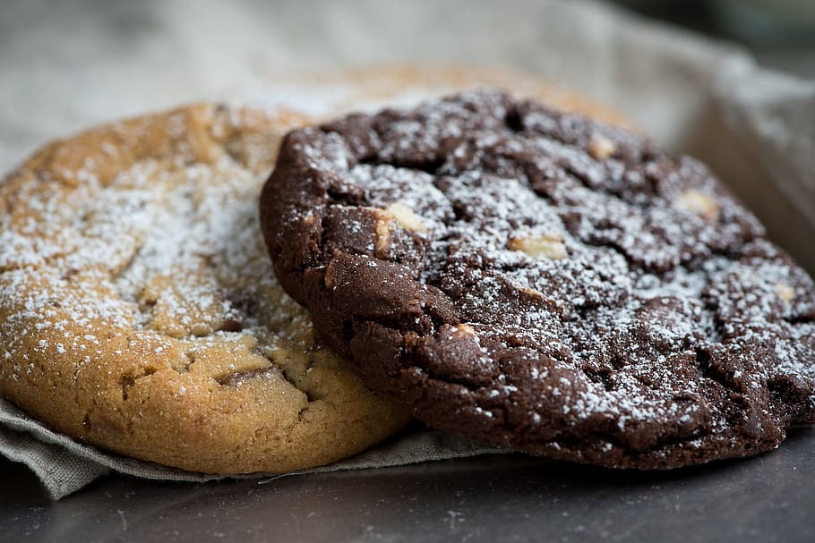baked cookies on gray surface, two, chocolate cookie, nut cookie