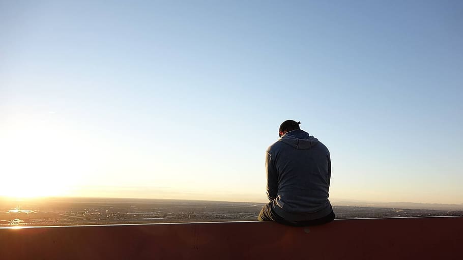 man sitting on rail, Sunrise, Sunset, Mo, Landscape, Sunlight HD wallpaper