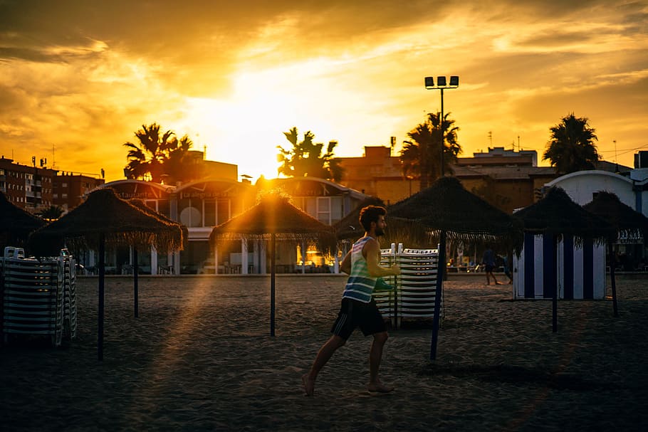 Man Running in the Beach during Sunset, coast, dawn, dusk, sand HD wallpaper