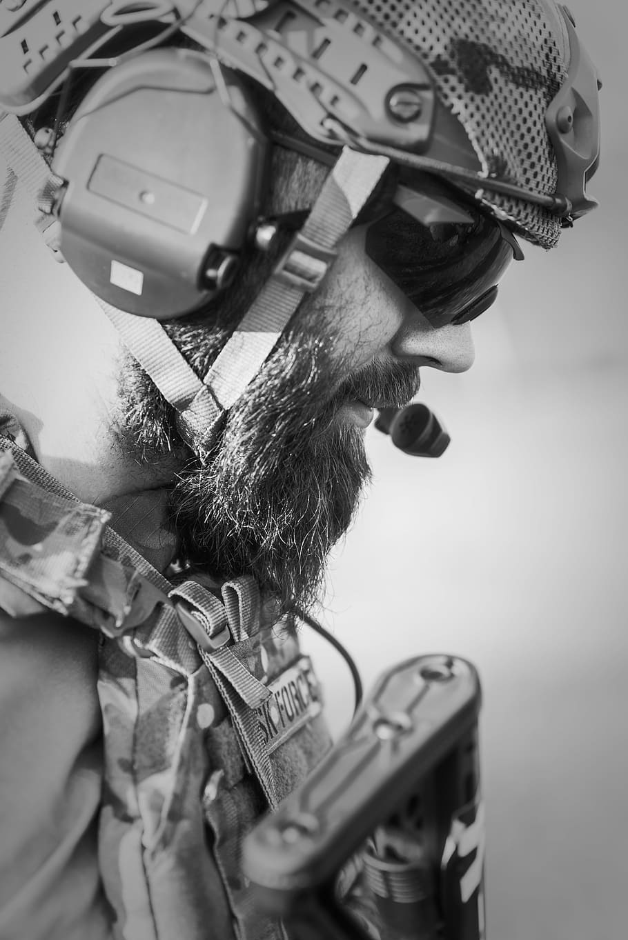grayscale photo of soldier, war, desert, guns, gunshow, action