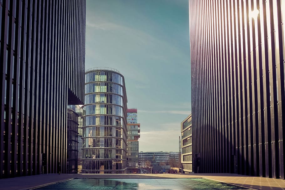 in-ground pool near curtain wall buildings, architecture, city HD wallpaper