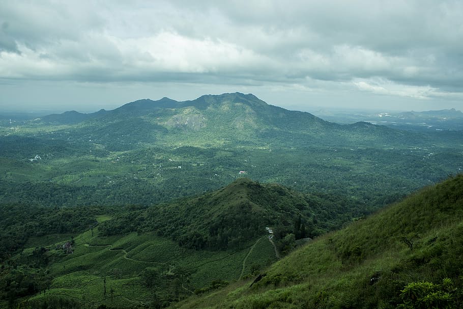 aerial view of mountains during cloudy sky, buildings, clouds HD wallpaper