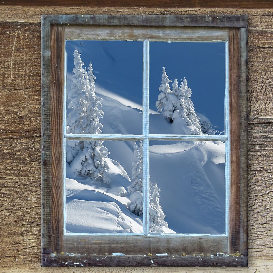 opened window, old, hut, tree, snow, snowy, mountains, winter HD wallpaper