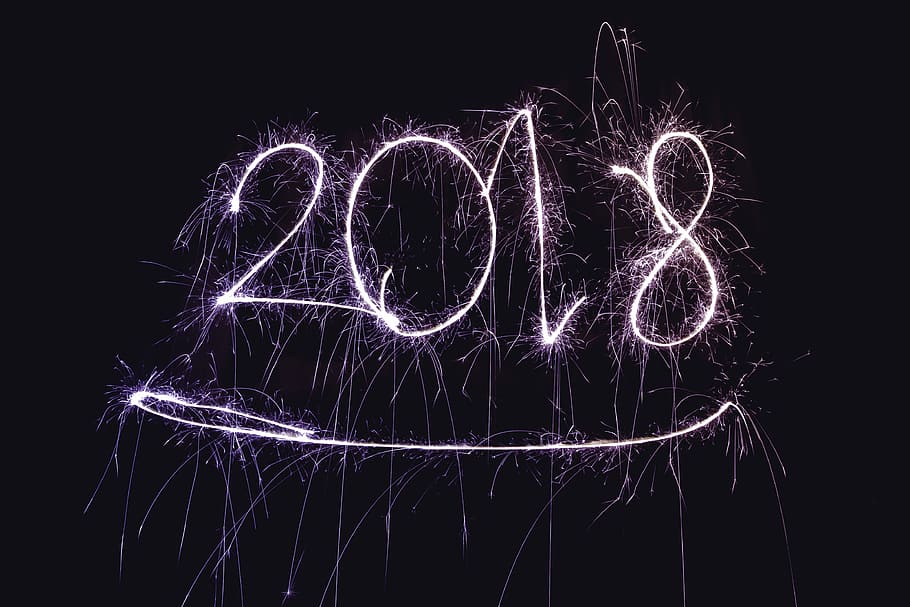 2018 wallpaper, date, year, lights, firework, night, black background HD wallpaper