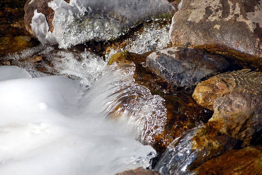 ice, water, stream, cold, winter, build, flowing, clear, rock HD wallpaper