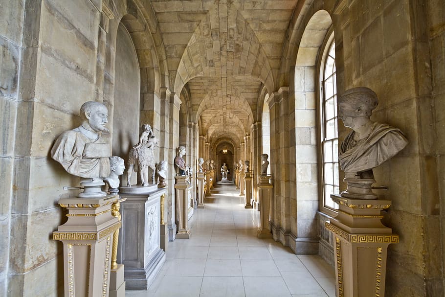 hallway surrounded with head busts, assorted, lined, square HD wallpaper