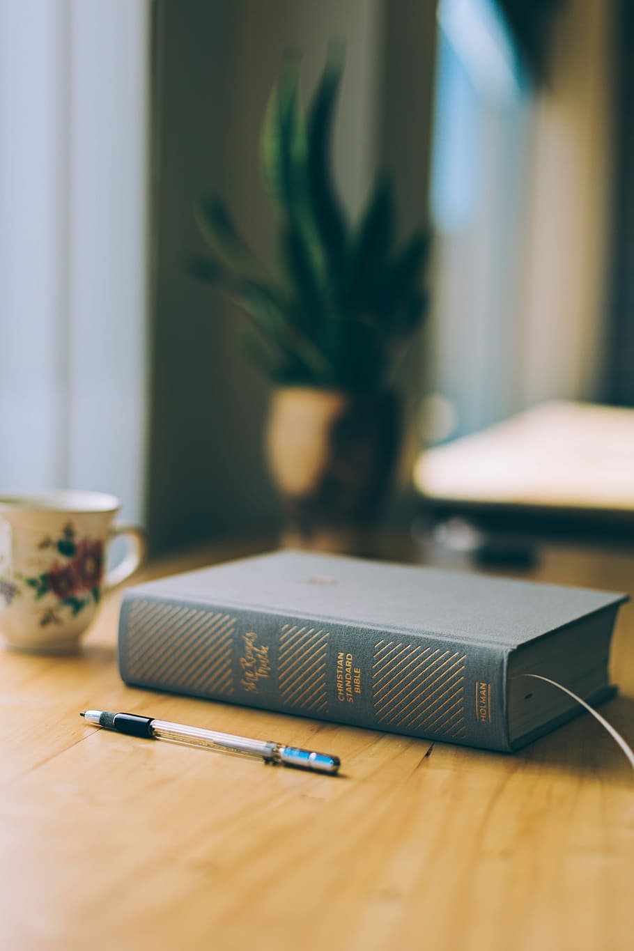 closeup photo of ballpoint pen and hardbound cover boon on table, blue and beige book and ballpoint pen on table HD wallpaper