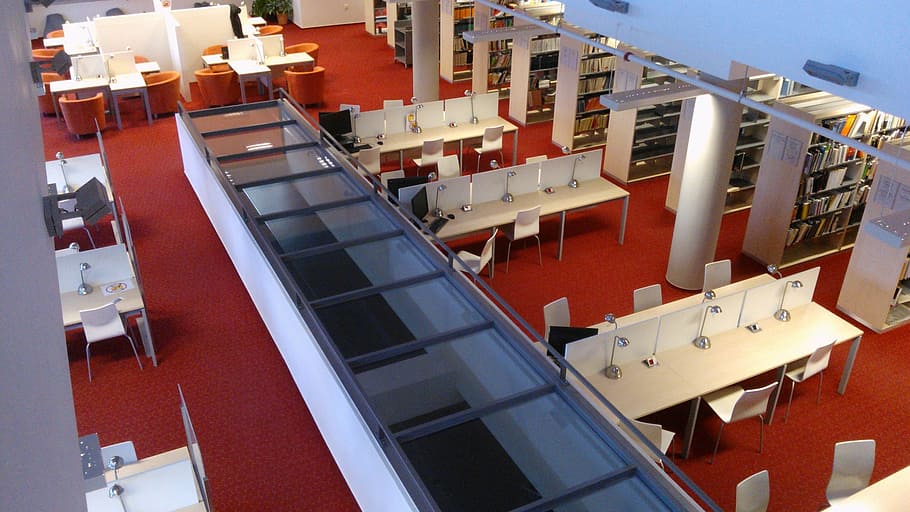 library, study, academic library, architecture, modern, balcony HD wallpaper