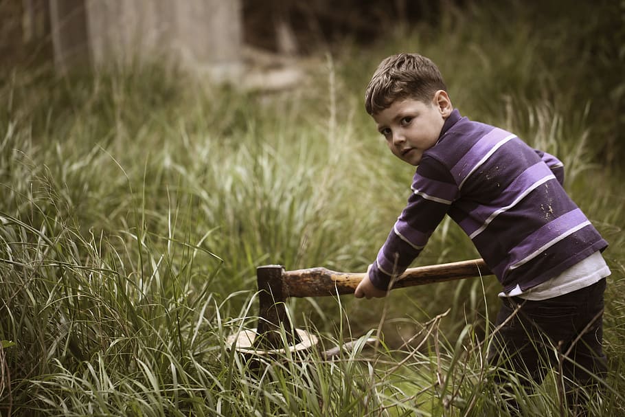 boy putting ax on wood surrounded by green grass during daytime HD wallpaper