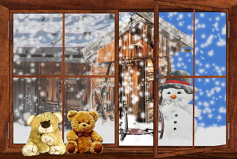 landscape, winter, window, snow, snow man, teddy, teddy bear HD wallpaper