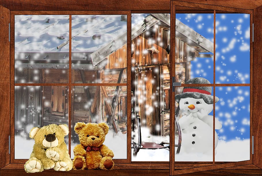 landscape, winter, window, snow, snow man, teddy, teddy bear HD wallpaper