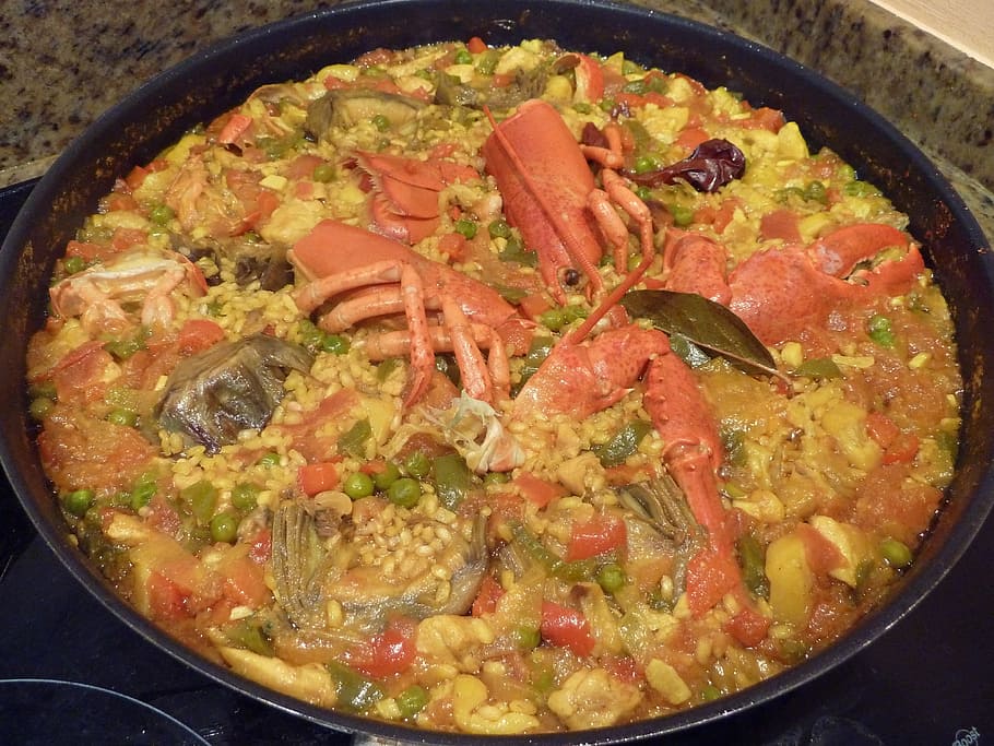 cooked lobster with vegetables, Paella, Food, Rice, Grain, conine spanish