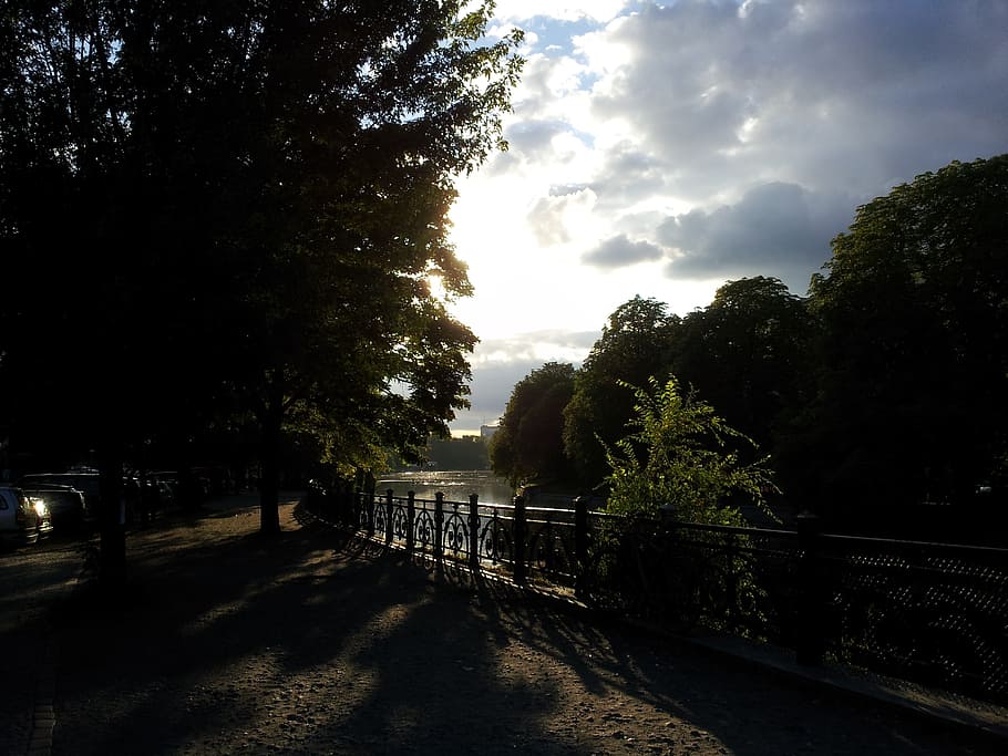 berlin, shore, trees, plant, sky, cloud - sky, nature, transportation HD wallpaper