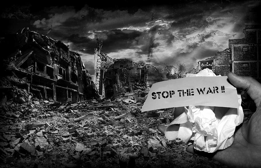 Stop The War poster, warzone, refugees, pain, helplessness, human dignity