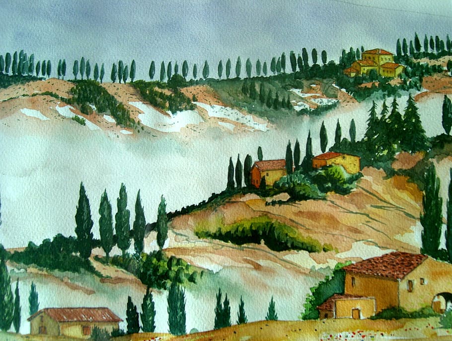 green trees and brown houses on top of mountaing painting, watercolour