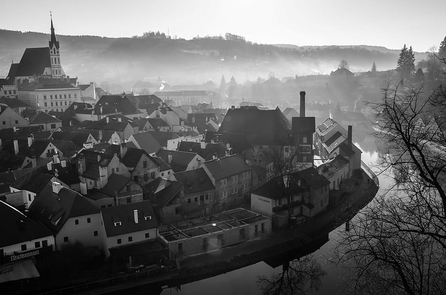 grayscale photo of town during dusk, czech republic, cesky krumlov, HD wallpaper