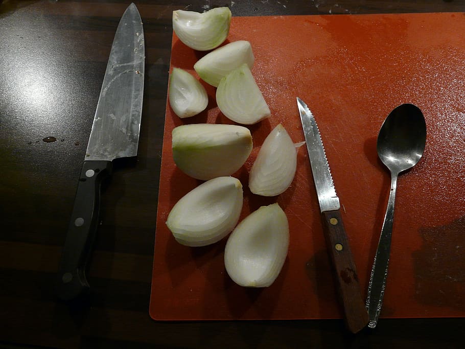 knife, cut, onion, sharp, eat, food, food and drink, kitchen knife HD wallpaper
