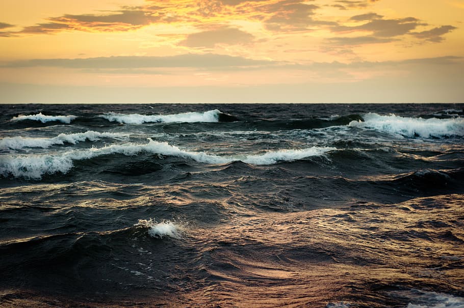 sunset, waves, water, sky, sea, ocean, nature, landscape, horizon HD wallpaper