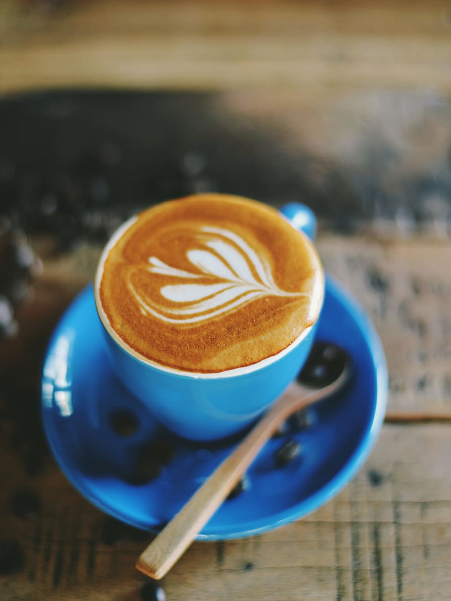cappuccino, froth, coffee, espresso, drink, steamed, milk, blue, HD wallpaper