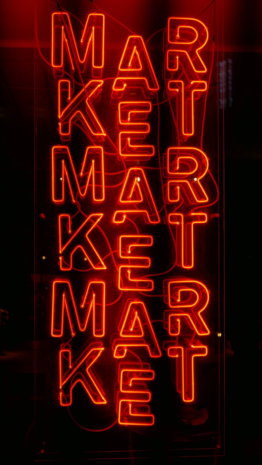 red market sign, red neon light signage, text, type, illuminated