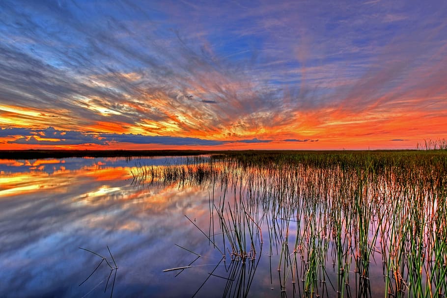 Dusk and sunset over the lagoon in Florida, clouds, photos, landscape HD wallpaper