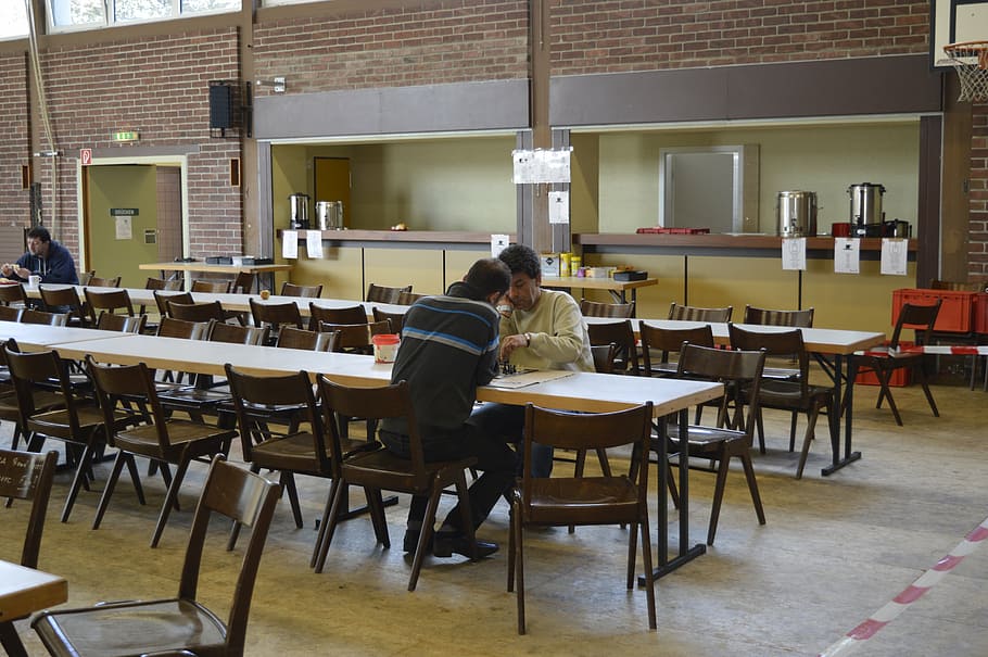 refugees, school, chess, table, chair, seat, real people, furniture HD wallpaper