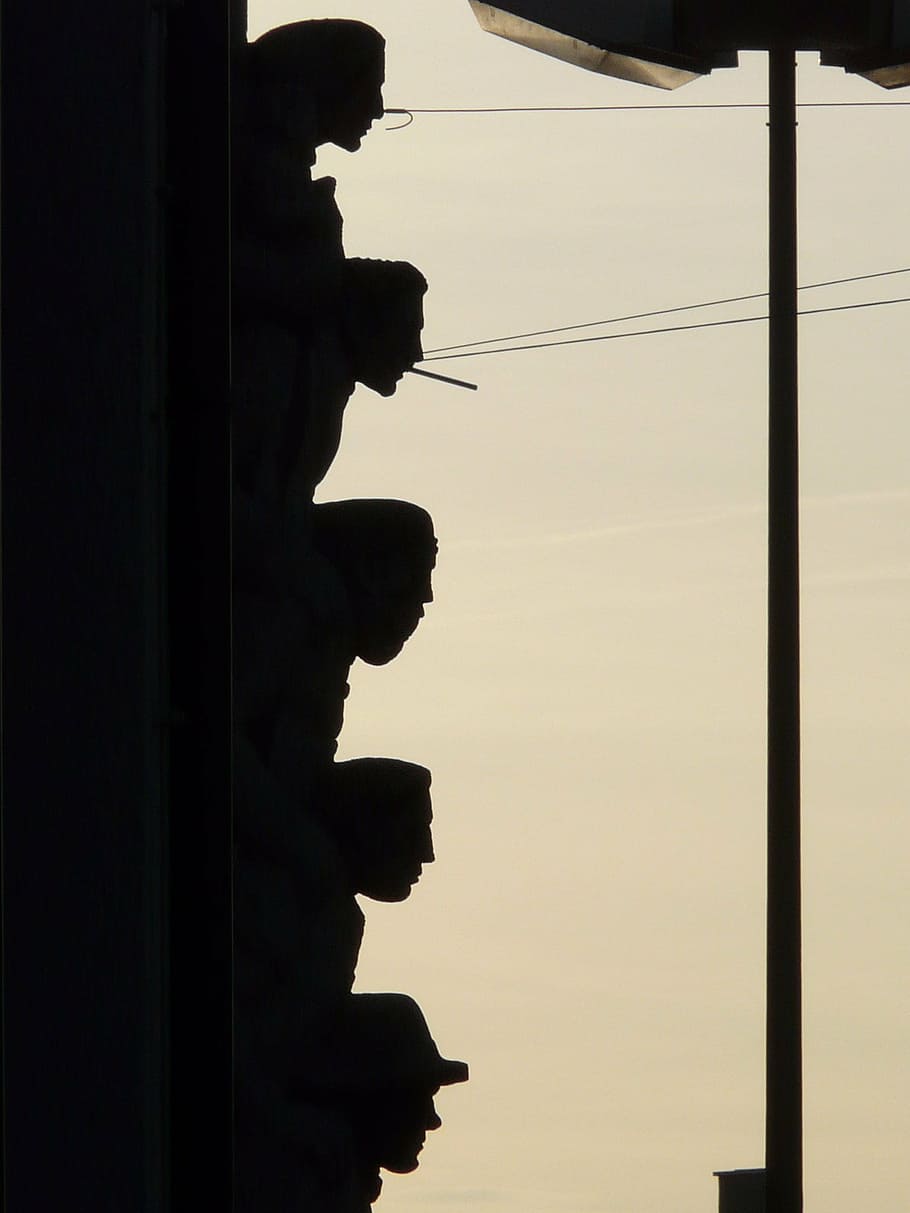 facade, building, shadow play, head, heads, back light, person HD wallpaper