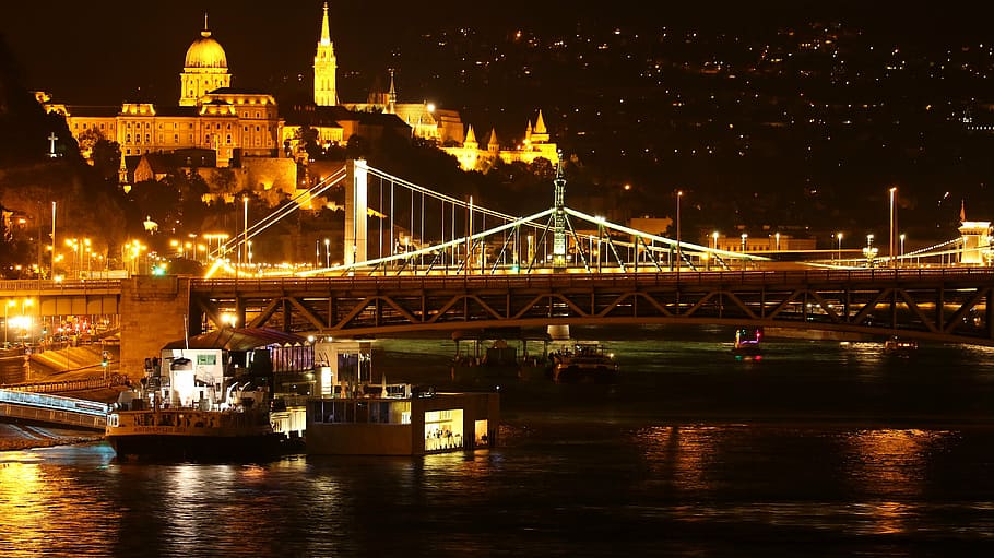 ship under bridge, budapest, at night, lights, night picture HD wallpaper