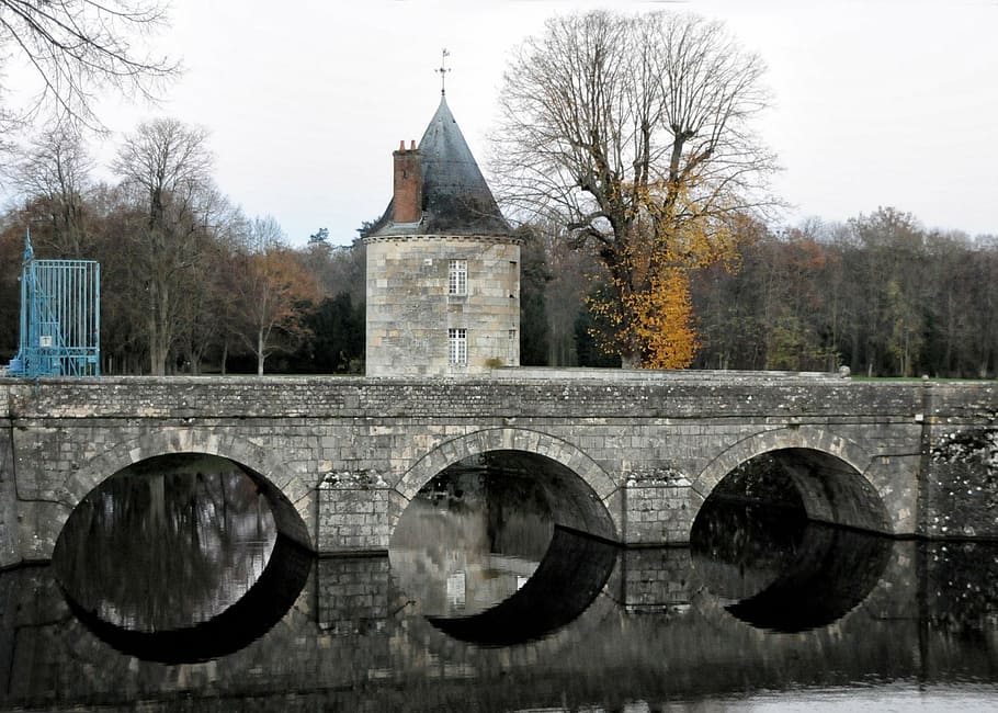 castle of sully-sur-loire, bridge, stone arch, moat, tower, HD wallpaper