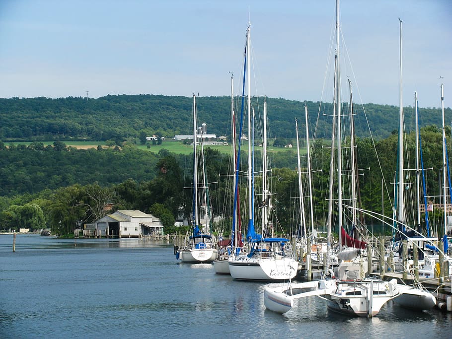 Boats in Ocean, mountains, river, trees, water, Summer, nautical Vessel HD wallpaper