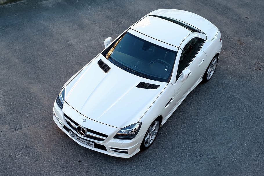 white Mercedes-Benz convertible coupe, car, slk, auto, transport, HD wallpaper