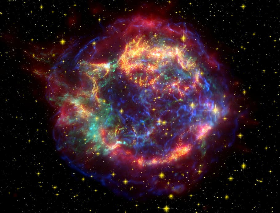 photo of red and blue nebula, cassiopeia a, cas a, supernova rest