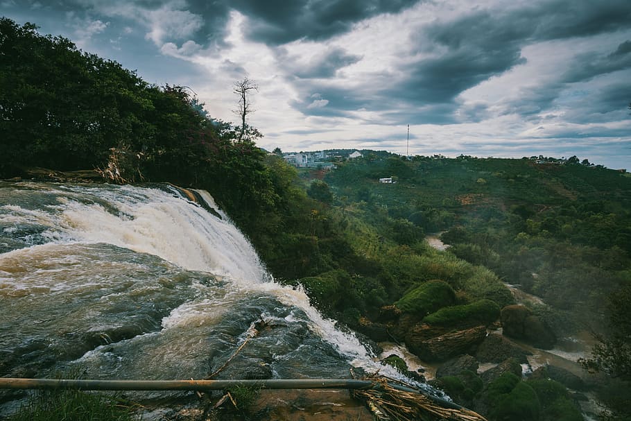 Waterfalls Beside Green High Trees Under White Sky at Daytime HD wallpaper