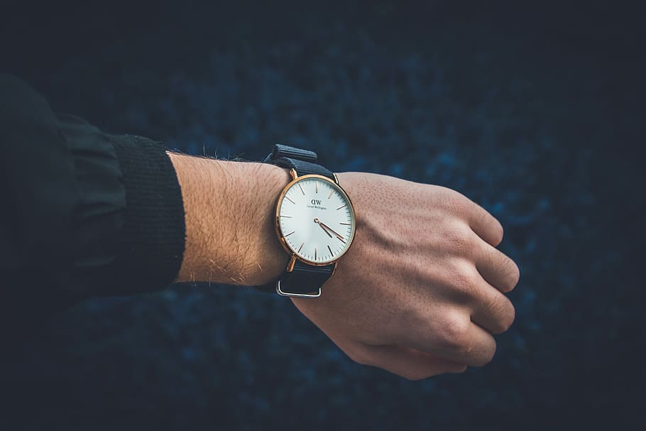 person wearing round analog watch, watch at 4:19, hand, man, wrist HD wallpaper