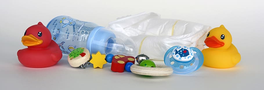 baby product lot on white surface, ducks, toys, baby bottle, diapers, HD wallpaper