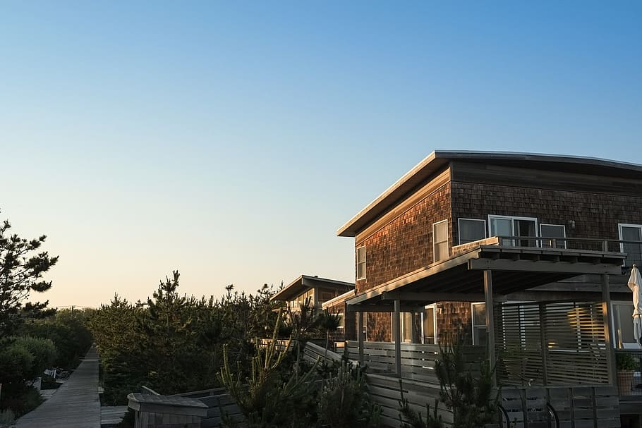 house, hut, building, vacation, wooden, terrace, pine, trees HD wallpaper