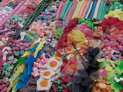 assorted gummy candies on rack, Candy, Sweets, Colors, Fried Eggs HD wallpaper