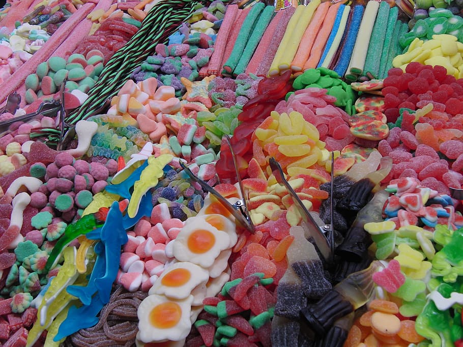 assorted gummy candies on rack, Candy, Sweets, Colors, Fried Eggs HD wallpaper
