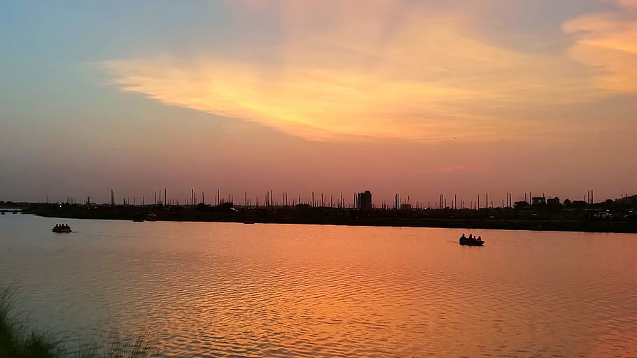 sunset, river, evening, dhaka, bd, sky, water, orange color, HD wallpaper