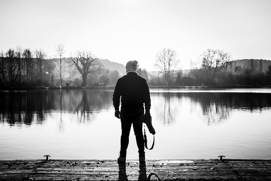 grayscale photo of man near body of water, Minimal, Person, Lake