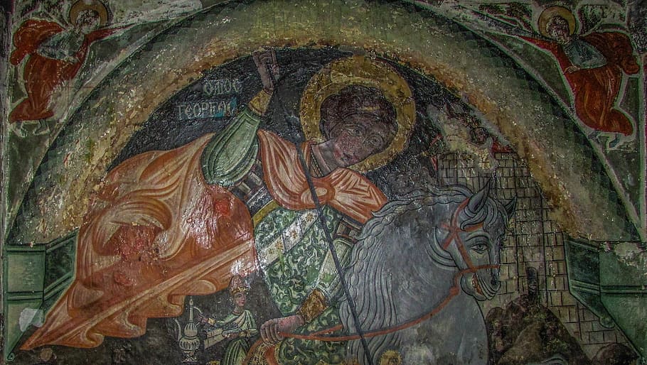 ayios georgios, iconography, byzantine, wall painting, religion, HD wallpaper