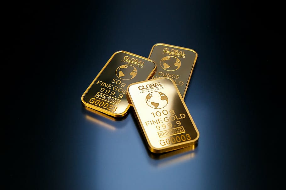 three 100 g fine gold bars, gold is money, business, global intergold, HD wallpaper
