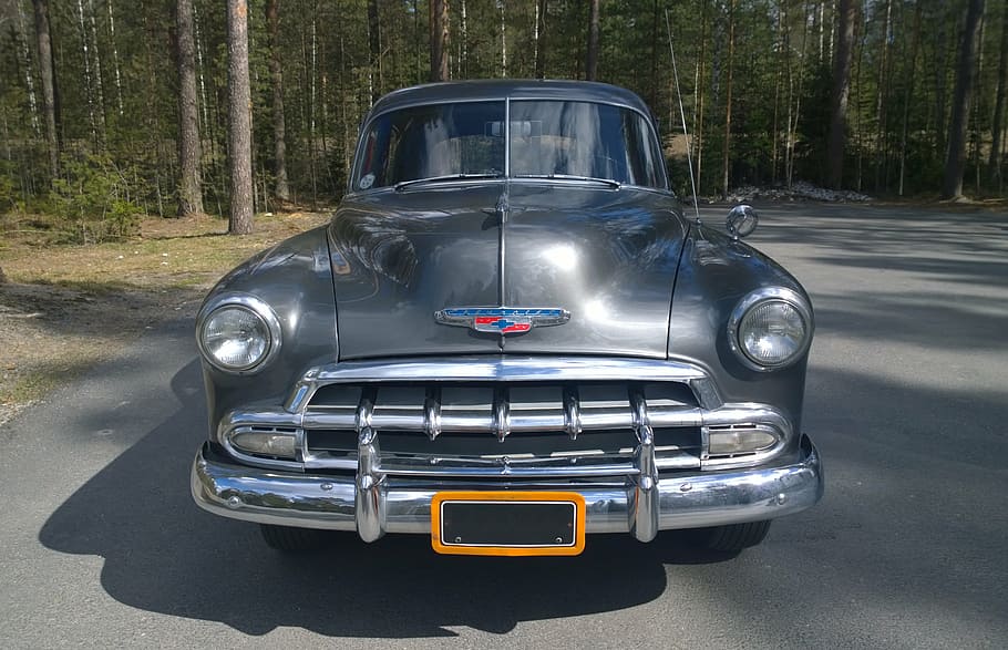 grey, old, elegant, retro, vintage, car, forest, gray, mode of transportation HD wallpaper