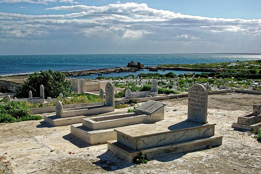 cemetery, mahdia, tunisia, mediterranean, sky, water, sea, tombstone, HD wallpaper