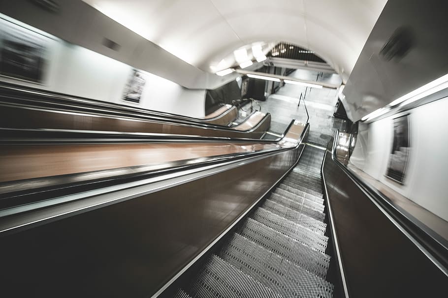 Underground Escalator in Motion, blurry, metro, public transport, HD wallpaper