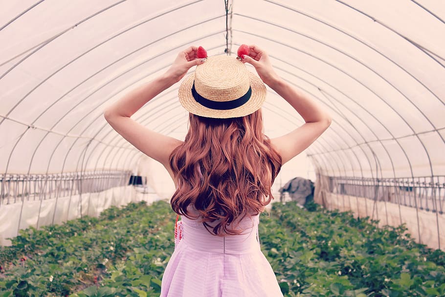 woman wearing a brown hat, women, greenhouse, one Person, caucasian Ethnicity HD wallpaper