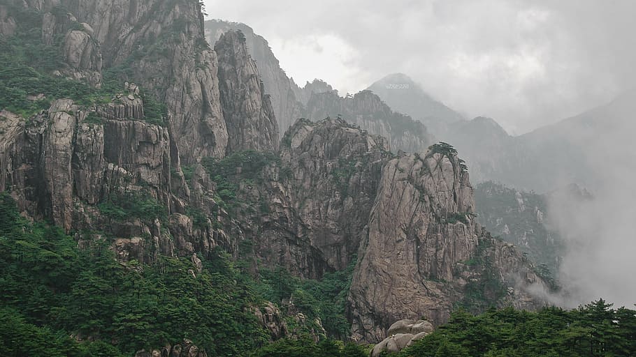 smoke on rock mountain with trees, china, mountains, cliff HD wallpaper