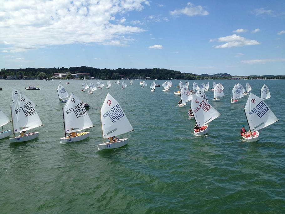 sailor, optimist, water, chiemsee, sailing school, blue, bavaria HD wallpaper