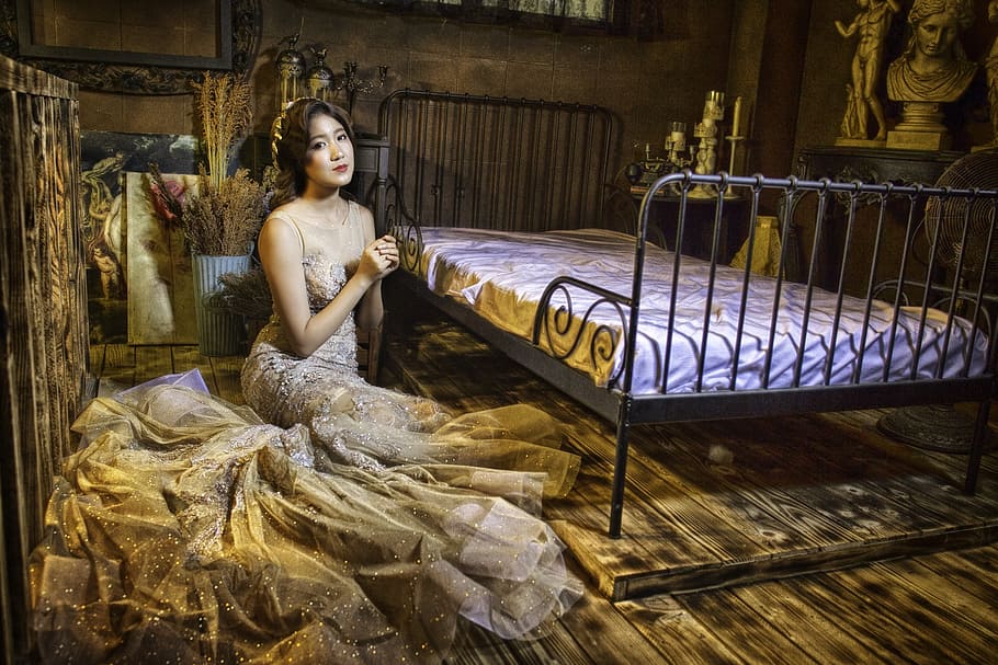 woman sitting beside metal bed, dress, gorgeous, luxury, model, HD wallpaper